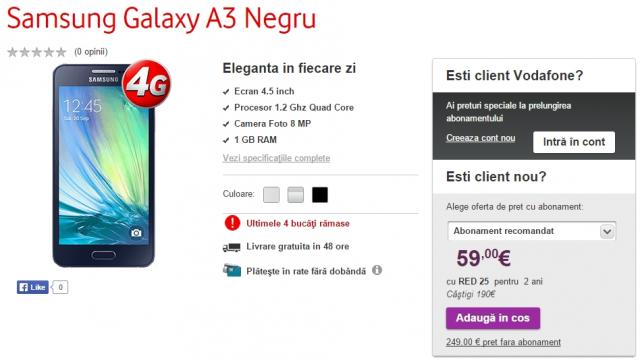 <b>Samsung Galaxy A3 disponibil acum prin intermediul Vodafone la prețul de 1.100 lei fără abonament</b>După debutul local de aseară a terminalelor Samsung Galaxy A3 și Galaxy A5, iată că astăzi modelul de 4.5 inch (Galaxy A3) ajunge și în oferta celor de la Vodafone la un preț de aproximativ 1.100 lei fără abonament (249 euro), sumă cu până...