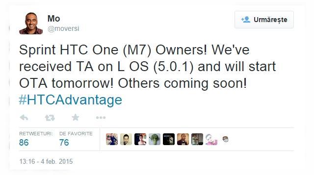<b>HTC anunță actualizarea la Android 5.0.1 Lollipop pentru One M7 În SUA</b>La câteva zile după ce aflam faptul că utilizatorii români de HTC One M8 primesc în aceste momente actualizarea la Android 5.0 Lollipop, astăzi, Mo Versi, vice-președinte al departamentului de product management în cadrul HTC declară pe Twitter...
