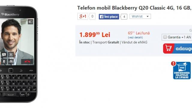 <b>BlackBerry Classic (Q20) primește o reducere considerabilă la eMAG; costă acum 1.899 lei</b>Acum ceva timp vă informam despre faptul că BlackBerry Classic (Q20) a sosit în stocurile a numeroși retaileri, la acea vreme terminalul în cauză fiind disponibil la un preț de 2.399 lei. Astăzi, aruncând o privire asupra telefoanelor listate de...
