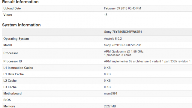 <b>Sony Xperia Z4 apare În benchmarkul GeekBench 3, reconfirmând specificațiile sale: Snapdragon 810, Lollipop</b>Cea mai nouă teorie despre Sony Xperia Z4 afirmă că telefonul de fapt nu va sosi la MWC 2015, ci ulterior, în cadrul unui eveniment separat. Până atunci, scurgerile de informații continuă, de această dată cu un benchmark GeekBench care a fost...