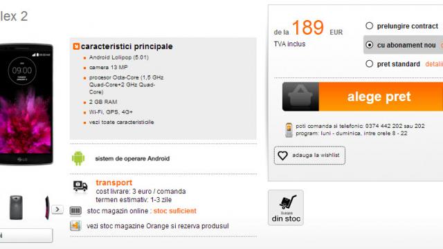 <b>Orange România oferă telefonul LG G Flex 2 de la 189 euro, Galaxy S6 şi S6 Edge în curând la precomandă</b>După ce Vodafone Rom&acirc;nia a postat oferte pentru Samsung Galaxy S6 şi S6 Edge, iar QuickMobile şi Domo oferă şi ele opţiuni de precomanda pentru aceste telefoane, e r&acirc;ndul celor de la Orange Rom&acirc;nia să facă o mutare de genul....