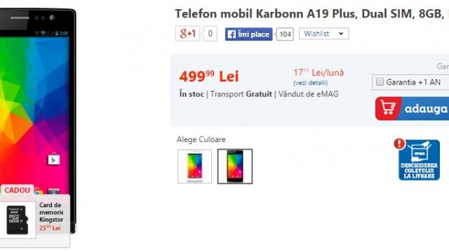 <b>Karbonn A19 Plus + card microSD de 8 GB la doar 499 lei pe eMAG.ro</b>La mijloc de februarie, compania indiană Karbonn aducea și la noi &icirc;n țară modelul A19 Plus, smartphone cu display de 5 inch și cameră foto principală de 8 megapixeli. Astăzi, eMAG desfășoară o promoție prin care achiziția acestui...