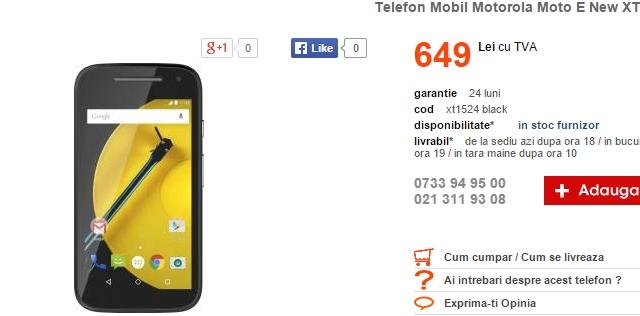 <b>Moto E 2015 (XT1524) ajunge acum și prin CEL.ro la prețul de 649 lei</b>Un device foarte popular prin raportul calitate-preț de anul trecut a fost și Motorola Moto E, smartphone ajuns acum la cea de-a doua generație. După ce ieri vedeam telefonul &icirc;n stocurile eMAG, astăzi și cei de la CEL.ro afișează device-ul...
