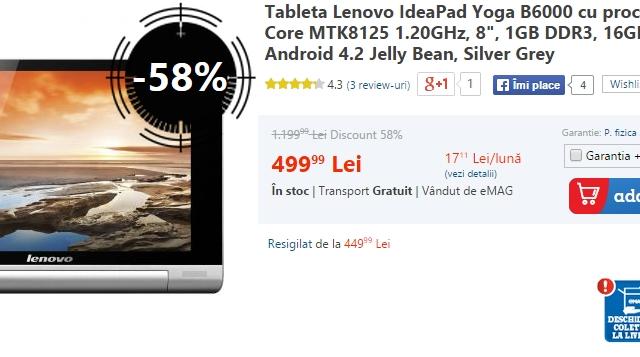 <b>Lenovo Yoga B6000 are parte de o super-reducere la eMAG; aceasta costă acum doar 499 lei!</b>Prin intermediul unui pont proaspăt sosit &icirc;n redacția Mobilissimo aflăm despre o super reducere aplicată de către eMAG asupra tabletei Lenovo Yoga B6000, device cu display HD de 8 inch ce poate fi folosit &icirc;n diverse moduri. Acest model...