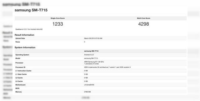 <b>Samsung Galaxy Tab S2 (SM-T715) în versiunea de 8 inch este testată în GeekBench; tableta măsoară doar 5.4 mm în grosime!</b>Acum c&acirc;teva zile, mai precis pe data de 12 martie, pe site-ul Zauba.com puteam vedea un nou device importat &icirc;n India pentru un program de testare, și anume modelul SM-T715, tabletă dezoltată de către Samsung. Acest device este nimeni altul...