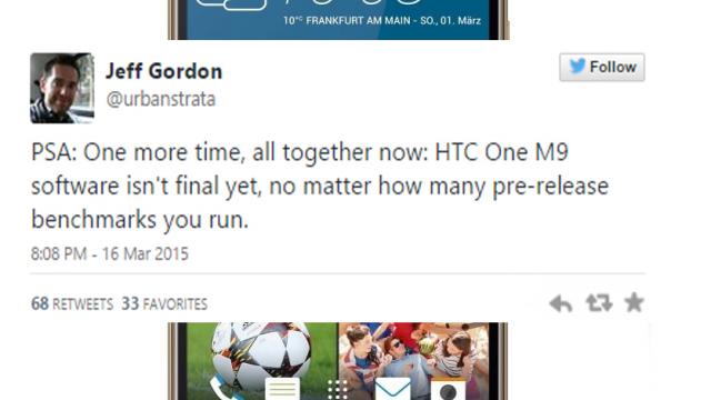 <b>Jeff Gordon, manager global de comunicare HTC ne îndeamnă să nu tragem concluzii pripite despre One M9 înaintea testării unei versiuni finale</b>Zilele acestea am tot dat peste subiecte &icirc;n care One M9, noul flagship al taiwanezilor de la HTC era criticat pentru &icirc;ncălzirea excesivă cauzată de către procesorul octa-core Qualcomm Snapdragon 810 ce este integrat &icirc;n carcasa sa...