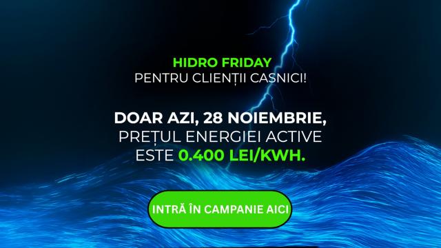 <b>Hidro Friday de la Hidroelectrica: Tarif redus la 0,40 lei/kWh pentru 10.000 de contracte online</b>Într-o mișcare destul de neobișnuită pentru piața locală de energie, Hidroelectrica a lansat astăzi o campanie flash valabilă exclusiv în ziua de 28 noiembrie 2025, sub numele Hidro Friday. Vorbim despre un tarif preferențial de 0,40 lei/kWh (fără TVA)