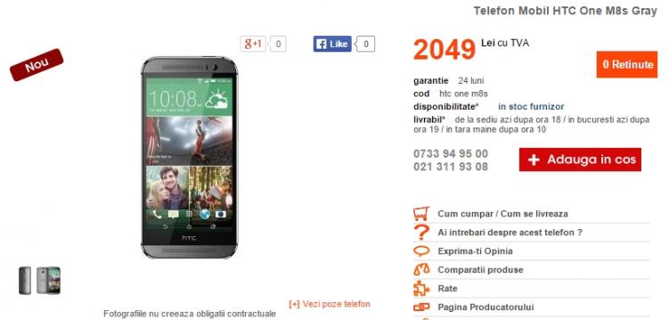 <b>HTC One M8s sosește la CEL.ro pentru suma de 2.049 lei</b>Chiar la &icirc;nceputul acestei luni taiwanezii de la HTC ne luau prin surprindere odată cu lansarea lui One M8s, smartphone ce vine &icirc;n același pachet uni-body metalic ca și modelul M8, dar cu alte specificații la pachet. Deși nu ne așteptam...