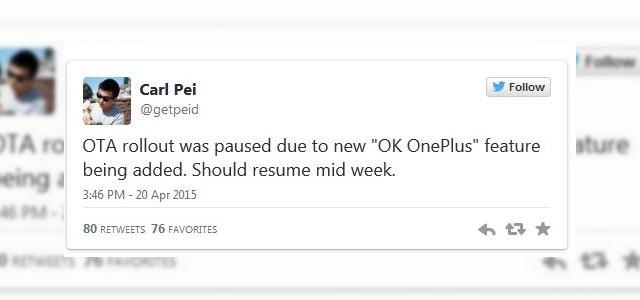 <b>OnePlus a blocat momentan actualizarea la CyanogenMod OS 12 via OTA pentru a adăuga funcţia "OK OnePlus"</b>OnePlus pornise actualizarea la Android 5.0 Lollipop via CyanogenMod OS 12 pentru handsetul One săptăm&acirc;na trecută, dar ceva a intervenit &icirc;ntre timp. Se pare că t&acirc;năra firma chineză a decis să blocheze actualizarea momentan, pentru...