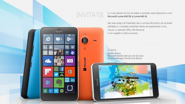 <b>Microsoft lansează luni noile smartphone-ul Lumia 640 / 640 XL și în România</b>Prin intermediul unei invitații tocmai primite &icirc;n inbox-ul nostru, aflăm că lunea viitoare pe data de 27 aprilie, cei de la Microsoft vor lansa pe plan local noile smartphone-uri Lumia 640 și Lumia 640 XL, terminale ce au fost dezvăluite luna...