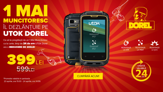 <b>UTOK Dorel, smartphone-ul rezistent la șocuri și apă, este disponibil timp de 24 ore la un preț de doar 399 lei</b>Poate unul dintre cele mai inedite telefoane de pe piața locală, este și Utok Dorel, telefon al cărui nume a creat un buzz destul de mare odată cu lansarea sa oficială. Astăzi, cei de la UTOK ne-au pregătit o campanie specială pentru acest...