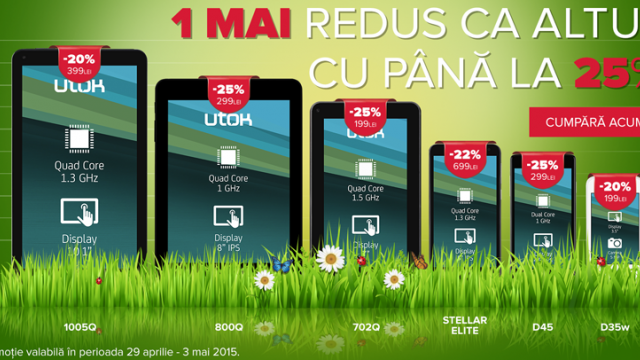 <b>1 mai sosește la UTOK cu reduceri pentru cele mai atractive smartphone-uri și tablete din stoc</b>&Icirc;ncep&acirc;nd de astăzi 29 aprilie, și p&acirc;nă pe data de 3 mai, cei de la UTOK vor desfășura o campanie de reduceri denumită &ldquo;1 mai redus ca altul&rdquo;, promoție ce ne va aduce prețuri speciale pentru 6 dintre cele mai populare...