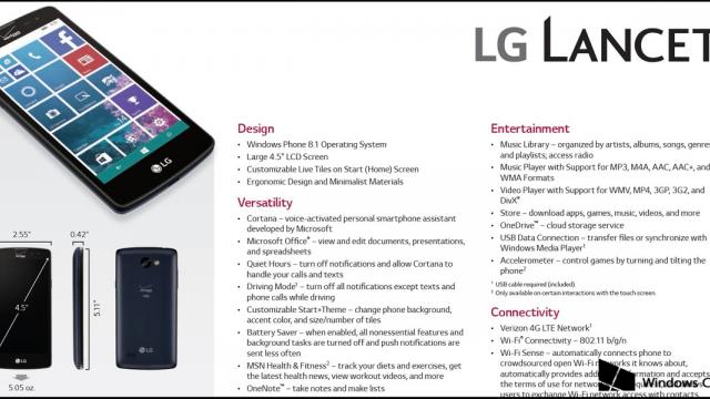 <b>LG revine pe piaţa Windows Phone cu modelul LG Lancet; Acesta are dotări modeste şi WP 8.1 Update 2</b>Deşi LG este prima companie care a lansat un telefon cu Windows Phone la bord cu c&acirc;ţiva ani &icirc;n urmă, brandul sud coreean a renunţat rapid la acest segment de produse. Totuşi, se pare că LG ar pregăti un nou handset Windows Phone,...