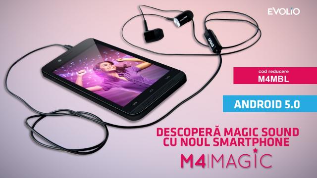 <b>Smartphone-ul Evolio M4 Magic poate fi achiziționat cu 20% reducere; iată codul pentru discount</b>&Icirc;n urmă cu două săptăm&acirc;ni, cei de la Evolio lansau un prim smartphone cu Android 5.0 Lollipop la bord, și anume modelul M4 Magic. Acest device costă &icirc;n prezent 499 lei, dar prin intermediul unei campanii speciale, vă oferim un...