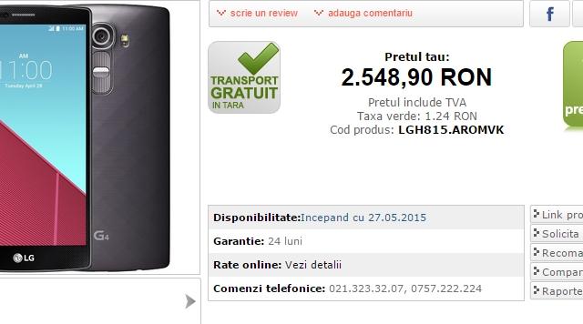 <b>LG G4 ajunge și la MarketOnline.ro cu prețuri ce pornesc de la 2.548 lei</b>Dacă prețul afișat de Orange pentru modelul LG G4 acum c&acirc;teva zile, era unul dintre cele mai bune de pe piața locală, iată că astăzi și cei de la MarketOnline listează telefonul &icirc;n stoc, at&acirc;t &icirc;n versiunile cu capac din...