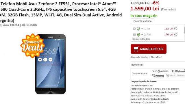 <b>Summer Deals: Asus ZenFone 2 (4 GB RAM) costă 1.599 lei la evoMAG.ro</b>Ajuns de curând în magazinele de pe plan local, Asus ZenFone 2 ZE551ML este primul telefon de pe piață ce adoptă un chip de 4 GB memorie RAM. Acest device este comercializat în prezent de numeroși retaileri, dar cel mai bun preț al...