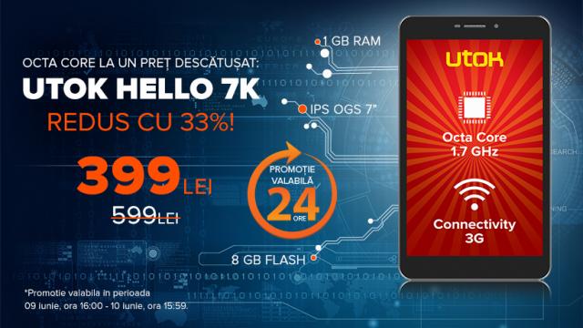 <b>Tableta octa-core UTOK Hello 7K costă doar 399 lei timp de 24 ore!</b>O campanie foarte atractivă desfășurată de către UTOK &icirc;n ultimul timp, este și cea prin care ni se oferă reduceri majore la device-urile din stoc pentru o perioadă de 24 ore. O astfel de campanie debutează și astăzi la ora 16:00, moment...