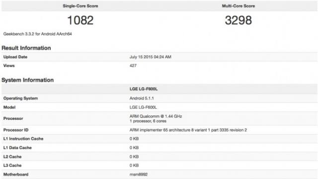 <b>Un misterios telefon LG îşi face apariţia în GeekBench 3, vine cu procesor Qualcomm Snapdragon 808</b>Un misterios smartphone LG cu numele de cod LG-F600L şi-a făcut apariţia în benchmarkul GeekBench 3, iar un aspect interesant aici e că terminalul vine cu procesor Snapdragon 808. Acest CPU hexa core este prezent şi pe LG G4 şi ne...
