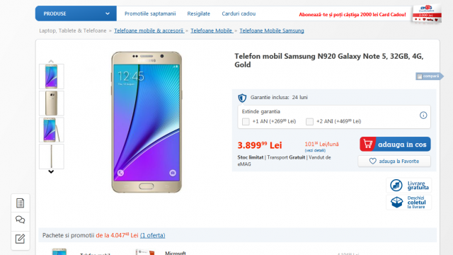 <b>Samsung Galaxy Note 5 se află acum în stocul eMAG.ro; Iată cât costă!</b>Faimosul phablet Samsung Galaxy Note 5, anunţat pe 13 august şi sosit recent la noi &icirc;n teste a ajuns acum şi la eMAG.ro, unde se afla &icirc;n stoc. E vorba despre varianta gold a acestui terminal, cu 32 GB stocare şi preţul &icirc;l aflaţi...