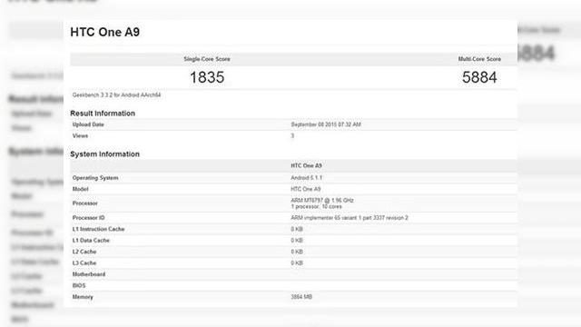 <b>HTC One A9 își face apariția în cadrul testului benchmark Geekbench 3; vine cu procesor MediaTek 10-core și 4 GB RAM</b>Nu cu mult timp &icirc;n urmă am aflat faptul că cei de la HTC ne pregătesc un eveniment important pentru data de 29 septembrie, o zi &icirc;n care modelul One A9 ar putea fi lansat oficial. Dacă ați urmărit știrile anterioare, atunci știți deja...