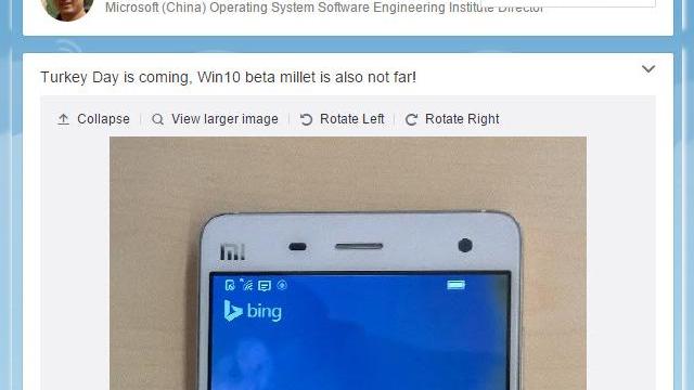 <b>Xiaomi Mi 4 îşi face apariţia cu Windows 10 Mobile la bord, această versiune va sosi de Thanksgiving</b>Mulţumită unei postari de pe Weibo am luat contact cu noi imagini cu Xiaomi Mi 4, de această dată cu Windows 10 Mobile la bord. &Icirc;n plus am aflat şi c&acirc;nd ar putea sosi această versiune de handset pe piaţă. &nbsp; Conform unui oficial de...