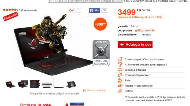 <b>Black Friday 2015 pentru cei care s-au trezit târziu: Laptop Asus ROG GL552JX-DM019D i7-4720HQ - pentru că Fallout 4 şi Black Ops 3</b>Ştiu, aţi dormit bine azi noapte, dar daca sunteţi gameri şi vreţi un "rig" portabil solid, atunci avem o recomandare de laptop de gaming pentru voi. E vorba despre Asus ROG GL552JX-DM019D i7-4720HQ, care scade sub pragul psihologic de 4000 lei la...