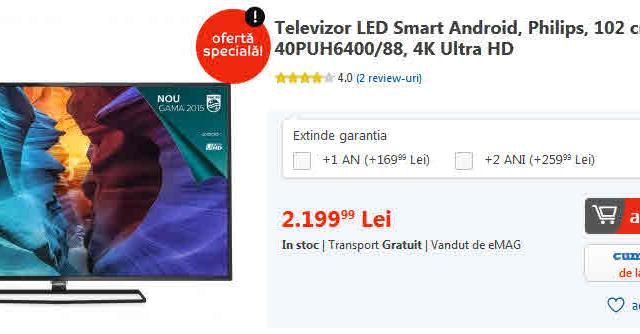 <b>Black Friday 2015 pentru cei care s-au trezit târziu: Televizor LED Smart Android, Philips, 102 cm, 40PUH6400/88, 4K Ultra HD - TV 4K la preţ bun</b>Am pl&acirc;ns ca Nicolae Labis la moartea căprioarei c&acirc;nd am văzut c&acirc;t de repede s-a dat televizorul Samsung de 101 cm cu rezoluţie Ultra HD şi preţ de 1999 lei. Nu-i nimic, ne consolăm cu modelul Televizor LED Smart Android, Philips,...