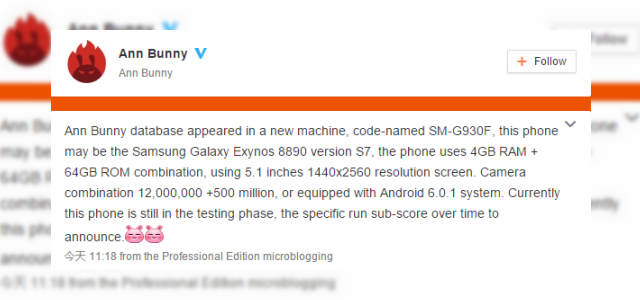 <b>Samsung Galaxy S7 apare în benchmark-ul AnTuTu cu procesor Exynos 8890 şi dotările pe care le ştiam deja</b>Suntem la o lună distanţă de debutul lui Samsung Galaxy S7 şi o parte din dotările sale au fost deja dezvăluite de multiple scăpări. Evident, nu avem vreo confirmare, dar azi descoperim &icirc;ncă o sursă care detaliază specificaţiile...