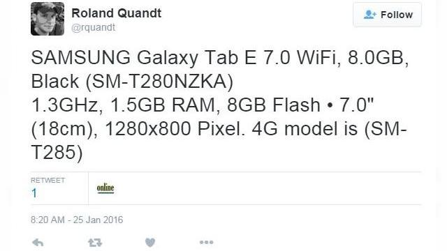 <b>Samsung pregăteşte tableta Galaxy Tab E 7.0 şi modelul Tab E Lite; Prima îşi dezvăluie specificaţiile azi!</b>După ce a prezentat un model de tableta cu Windows 10 la CES, Samsung revine la zona Android şi urmează să lanseze tablete de buget în perioada următoare. Una dintre ele va fi şi Samsung Galaxy Tab E 7.0, detaliată de către o sursă astăzi....