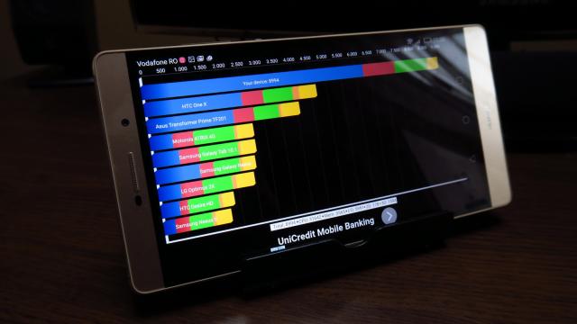 <b>Huawei P8 Max: Benchmark-uri bune anul trecut, depăşite acum</b>Huawei P8 Max are în mare aceleaşi dotări ca Huawei P8, doar că aduce un ecran mai mare. Integrează un procesor octa core HiSilicon Kirin 935, un chipset de 28 nm de tip 64 bit şi tactat până la 2.2 GHz. Avem parte şi de un GPU Mali T628 MP4, 3 GB RAM..