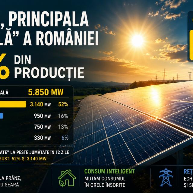 Energia solară a furnizat 52% din producția de energie a României pentru câteva ore